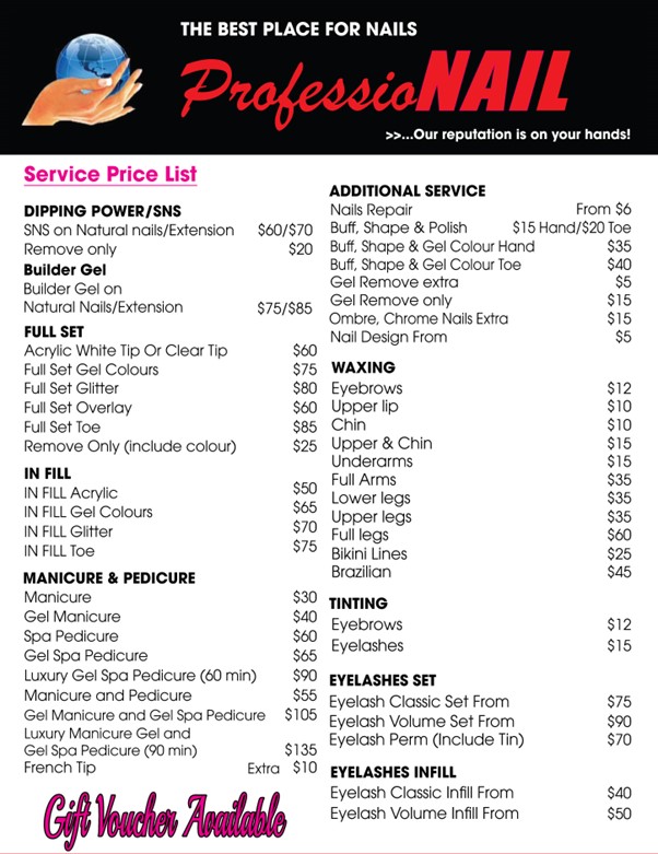 Service Price List for ProfessioNAIL